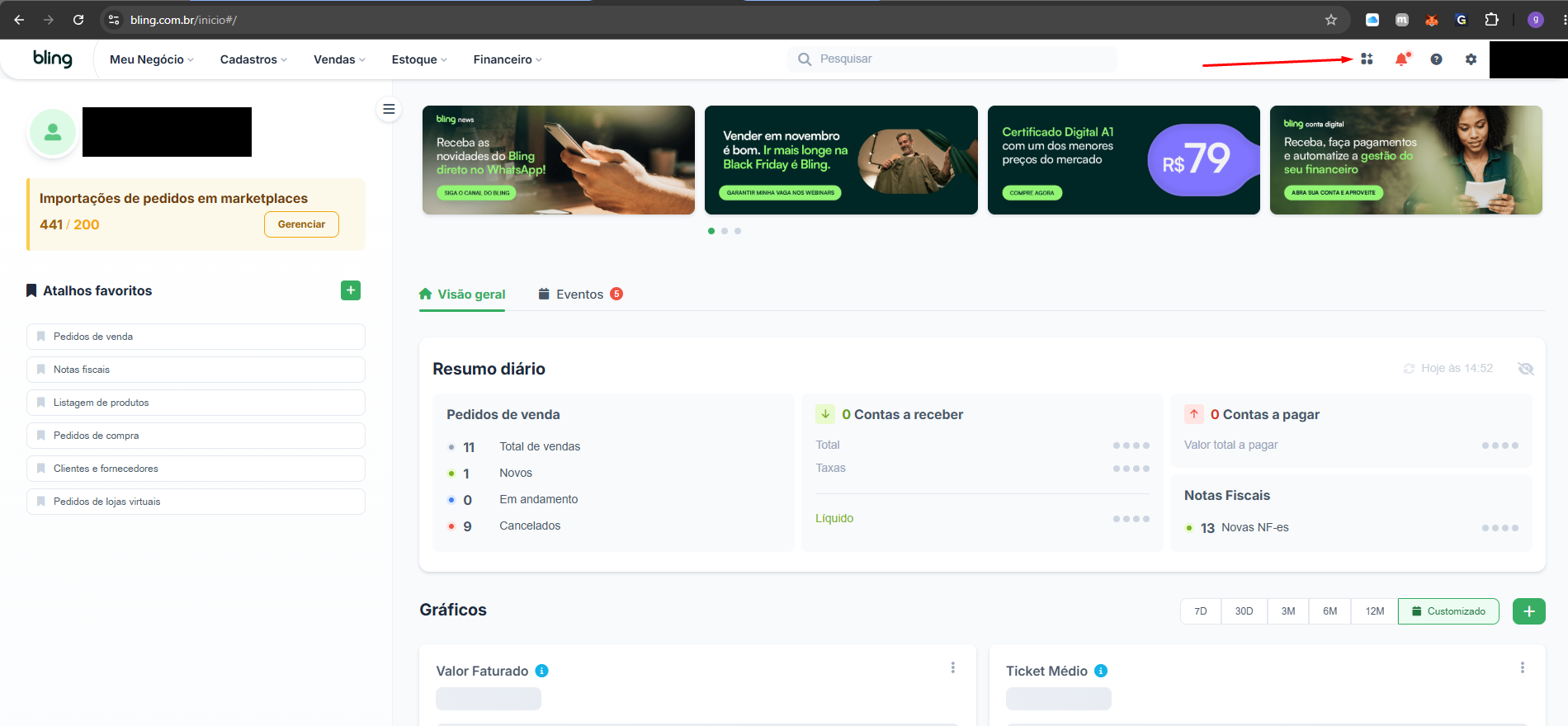 Dashboard do Bling com o ícone de grade destacado no canto superior direito