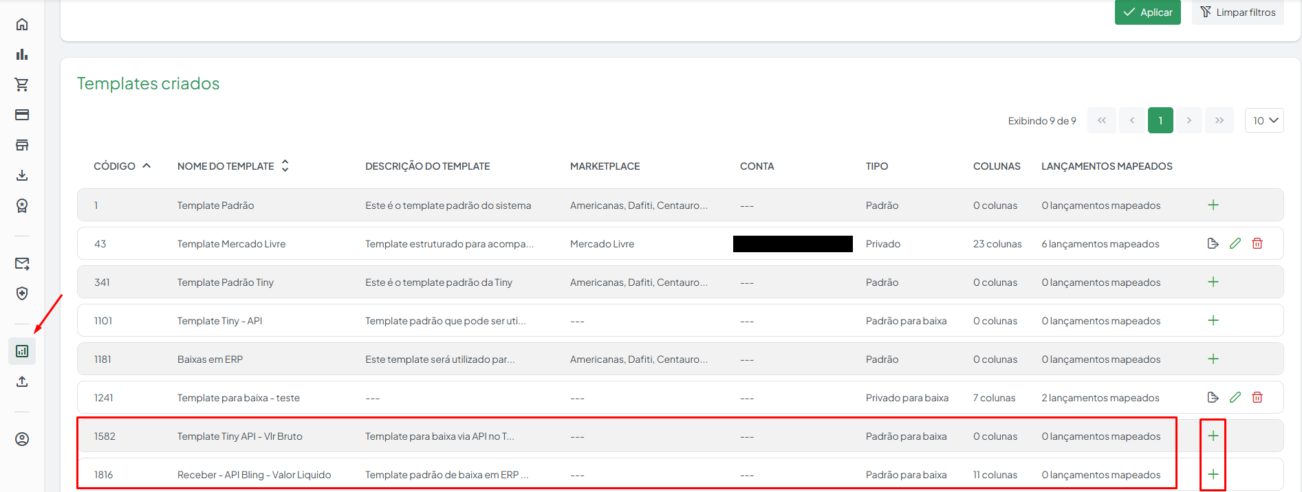 Tela Configurar Template do Smart Report filtrada por API, com os dois templates padrão do Bling (líquido e bruto)
