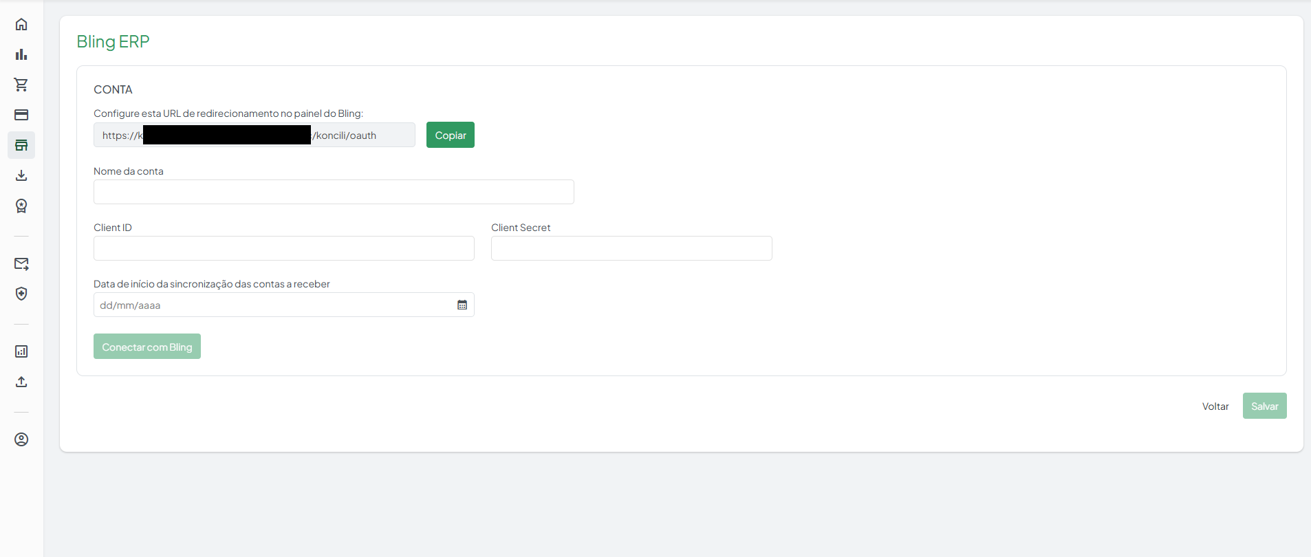 Tela Bling ERP no Koncili com a URL de redirecionamento e o botão Copiar
