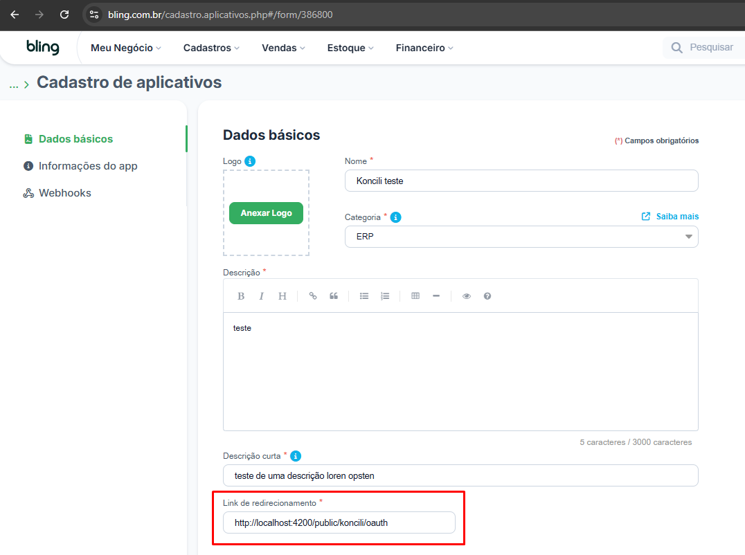 Formulário Dados básicos do aplicativo no Bling com nome, categoria ERP e link de redirecionamento