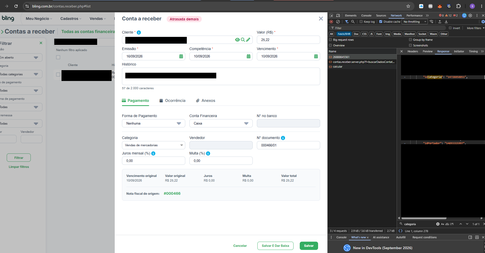 DevTools do Bling mostrando, na resposta da conta a receber, os campos idPortador e idCategoria