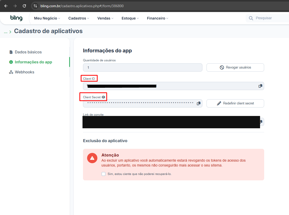 Aba Informações do app do Bling com Client ID e Client Secret