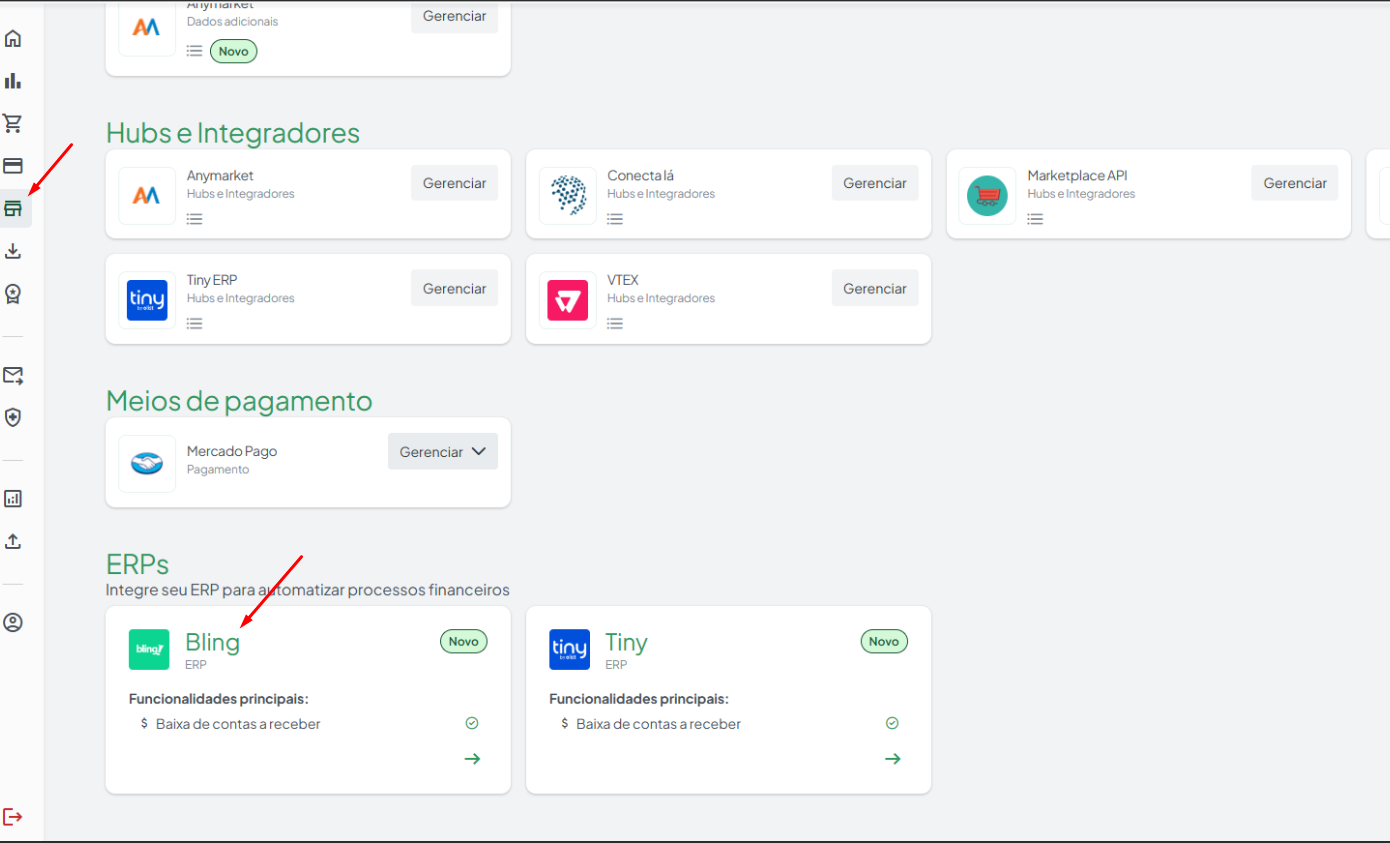 Tela de Integrações do Koncili com o card Bling ERP