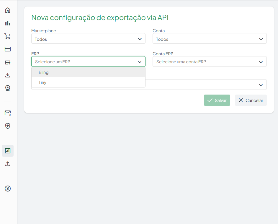 Formulário Nova configuração de exportação via API no Koncili com o ERP Bling selecionado