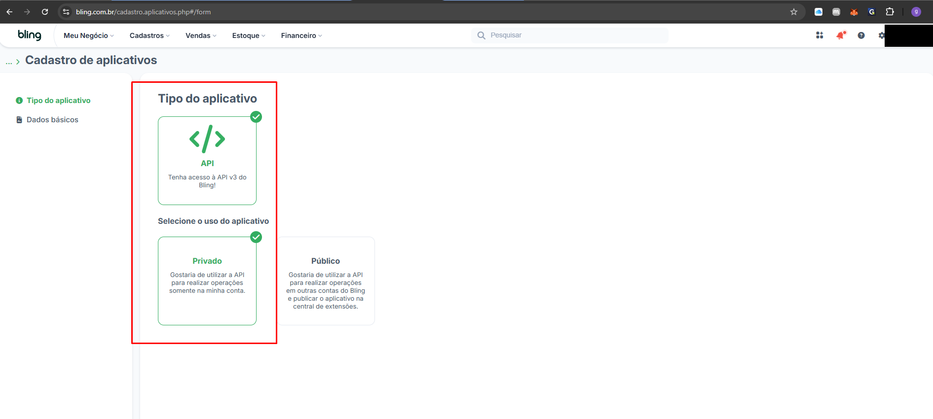 Seleção do tipo do aplicativo no Bling: API e uso Privado marcados