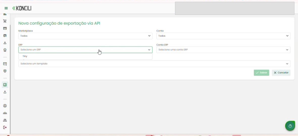 Formulário Nova configuração de exportação via API no Koncili