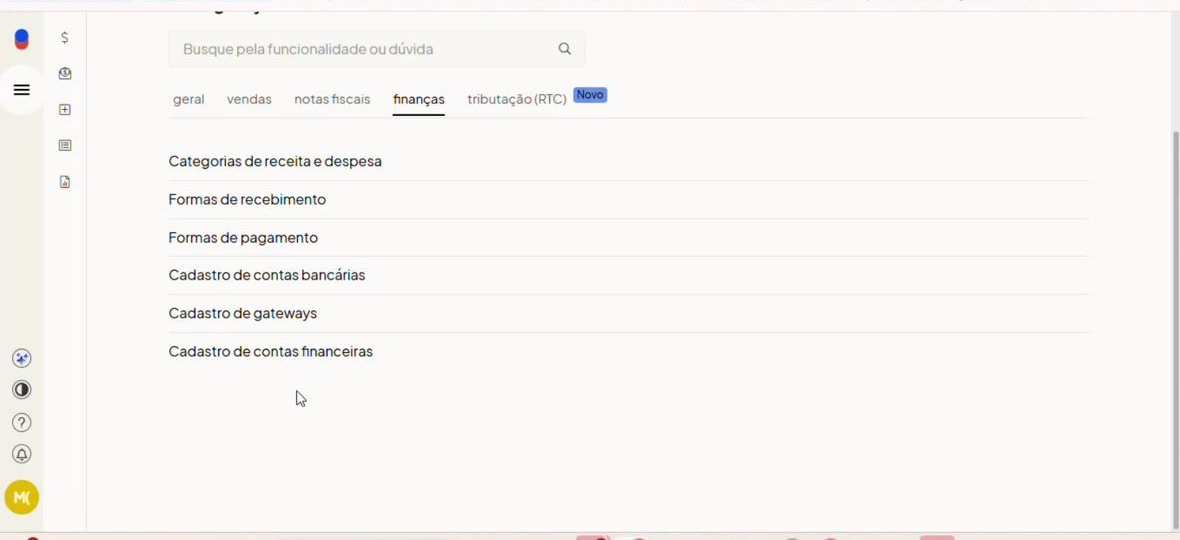 Menu Finanças do Tiny com opção Cadastro de contas financeiras