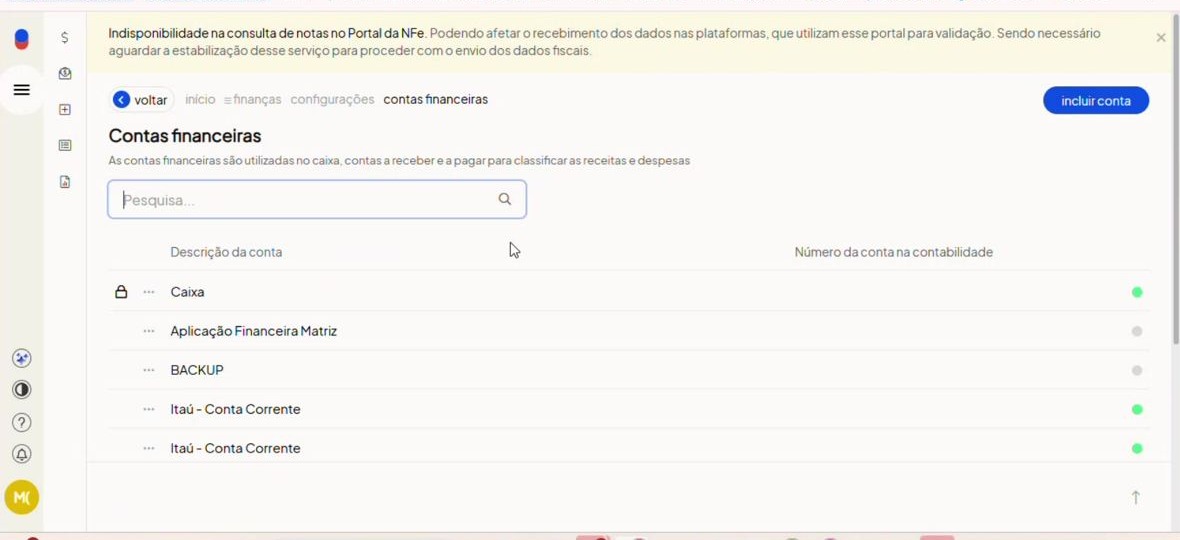 Lista de contas financeiras cadastradas no Tiny
