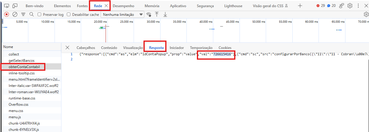 DevTools na aba Rede (navegador em português) filtrando por obterContaContabil