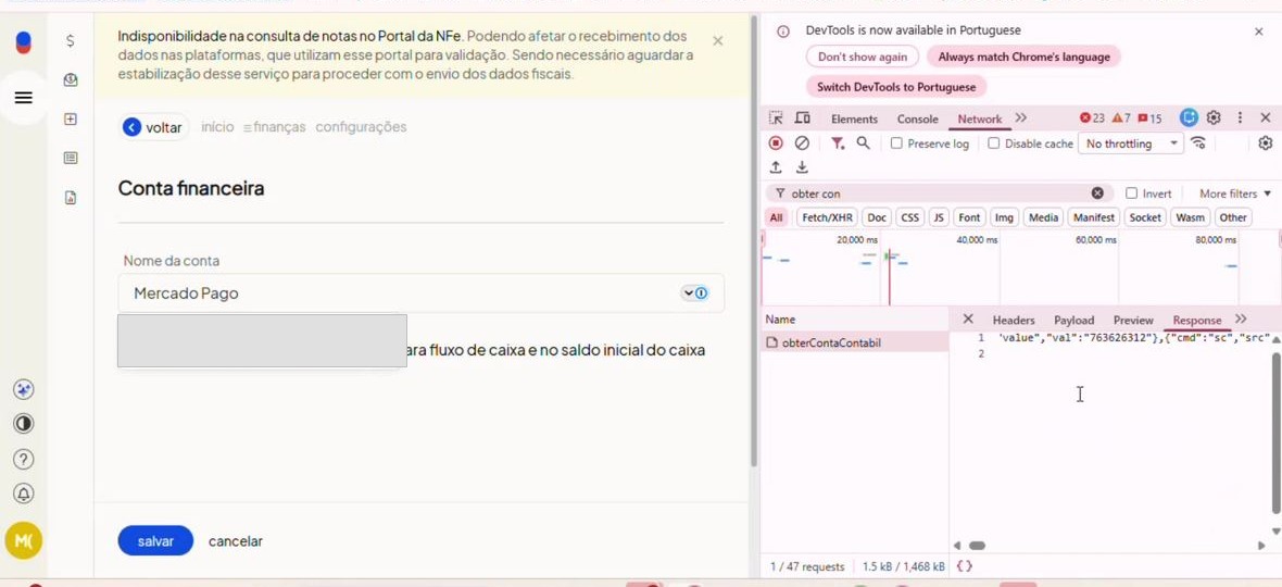 DevTools na aba Network (navegador em inglês) filtrando por obterContaContabil