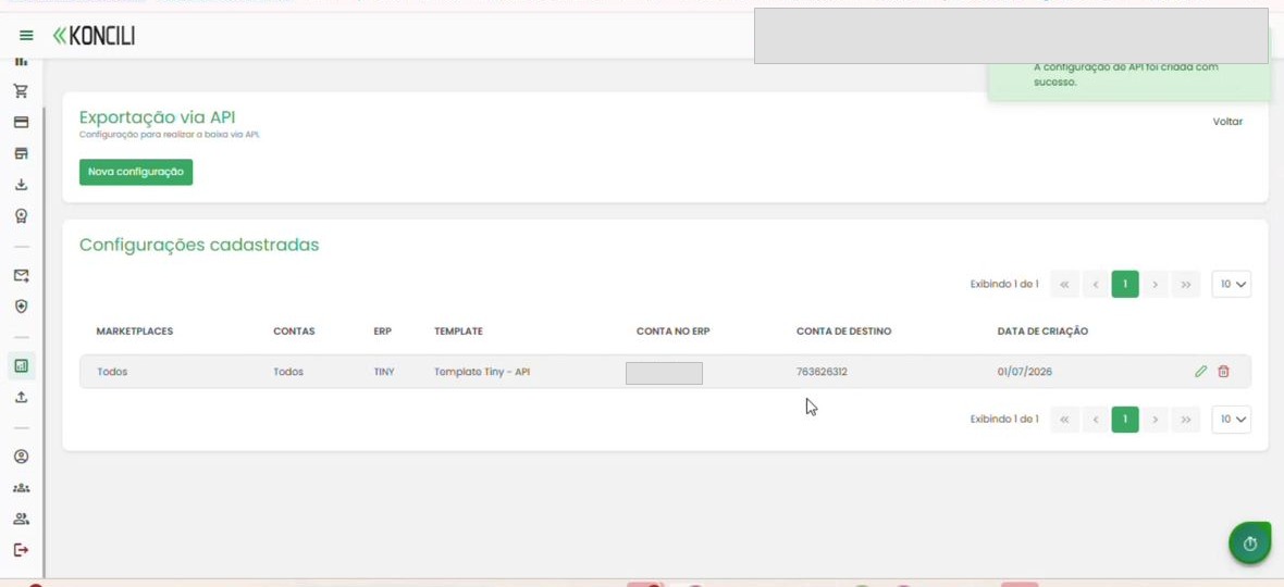 Configuração de API criada listada no Koncili