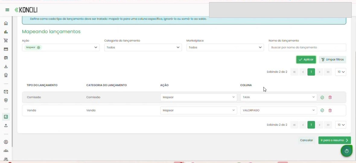 Tela de mapeamento de lançamentos do template Tiny API